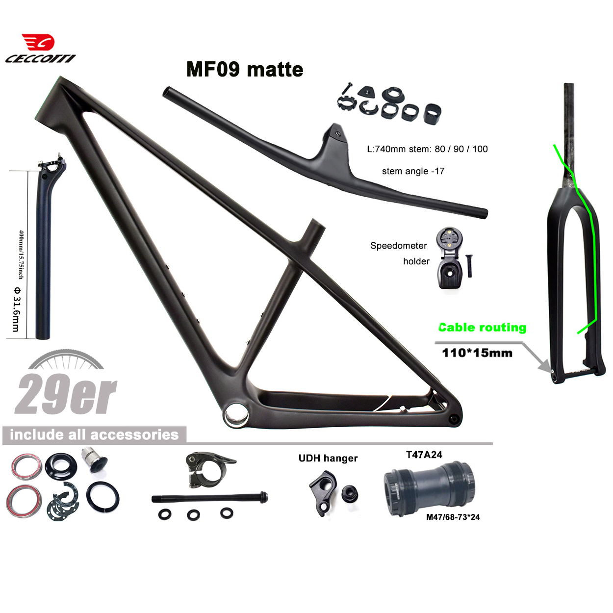Carbon Mountain Bike Frame 29Er Boost - إطار دراجة CECCOTTI كامل مع كابلات